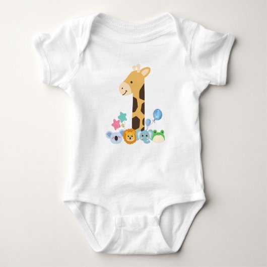 My First Birthday. Giraffe and Happy Animals Desig Romper (Voorkant)