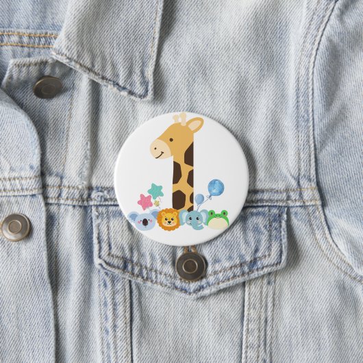 My First Birthday. Giraffe and Happy Animals Desig Ronde Button 7,6 Cm (In situ)
