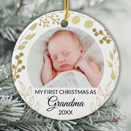 My First Christmas As Grandma Photo Gold Foliage Keramisch Ornament