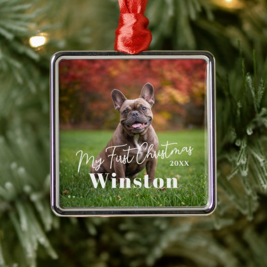 My First Christmas Custom Pet Name Photo Metalen Ornament (Boom)
