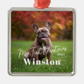 My First Christmas Custom Pet Name Photo Metalen Ornament (Voorkant)