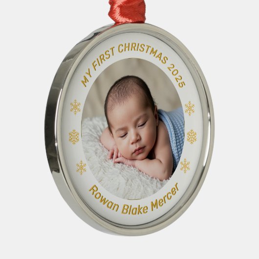 My First Christmas Gold Personalized Baby Photo Metalen Ornament (Rechts)