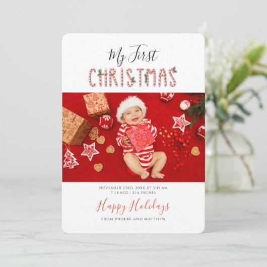 My First Christmas New Baby Photos Custom Feestdagenkaart (Staand voorkant)