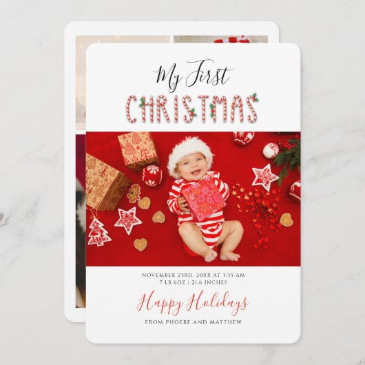 My First Christmas New Baby Photos Custom Feestdagenkaart (Voorkant / Achterkant)