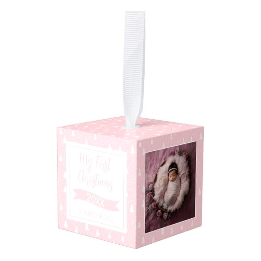 MY FIRST CHRISTMAS PINK PHOTO Cube Ornament (Voorkant hoekig)