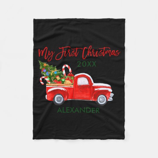 My First Christmas Truck Candy Canes Green Red Bab Fleece Deken (Voorkant)