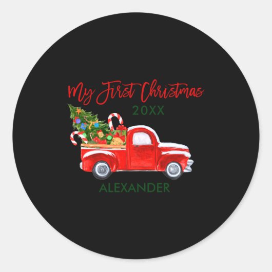 My First Christmas Truck Candy Canes Green Red Bab Ronde Sticker (Voorkant)
