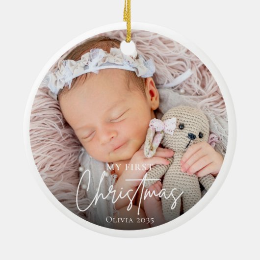 My First Christmas White Personalized Baby Photo Keramisch Ornament (Achterkant)