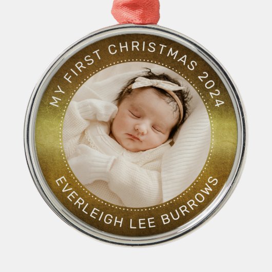 My First Christmas White Personalized Baby Photo  Metalen Ornament (Voorkant)