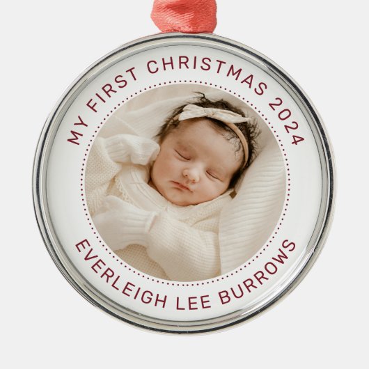 My First Christmas White Personalized Baby Photo  Metalen Ornament (Voorkant)