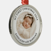 My First Christmas White Personalized Baby Photo  Metalen Ornament (Rechts)