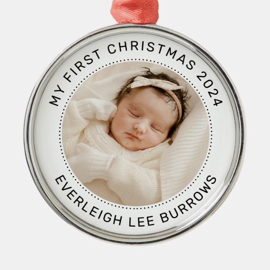 My First Christmas White Personalized Baby Photo  Metalen Ornament (Voorkant)