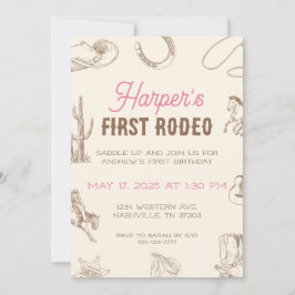 My First Rodeo 1st Birthday Invitation Pink Girl Kaart