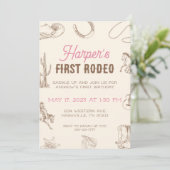 My First Rodeo 1st Birthday Invitation Pink Girl Kaart (Staand voorkant)