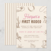 My First Rodeo 1st Birthday Invitation Pink Girl Kaart (Voorkant / Achterkant)