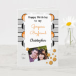 My gorgeous Boyfriend Oranje Foto birthday Kaart<br><div class="desc">Happy Birthday to my Gorgeous Boyfriend.
Foto van greeting card for him.
Tell your boyfriend he is amazing and you love him.
Grey,  oranje en black,  met twee foto's,  front and inside left.</div>