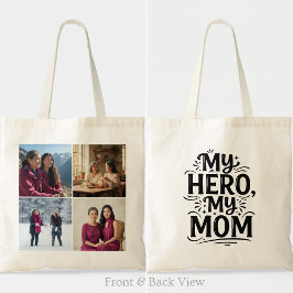 My Hero My Mom Bold Four Photo Personalized Grid Tote Bag