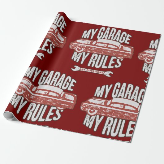 My Rules Classic Red Car Retro Mechanic Cadeaupapier (Uitgerold)