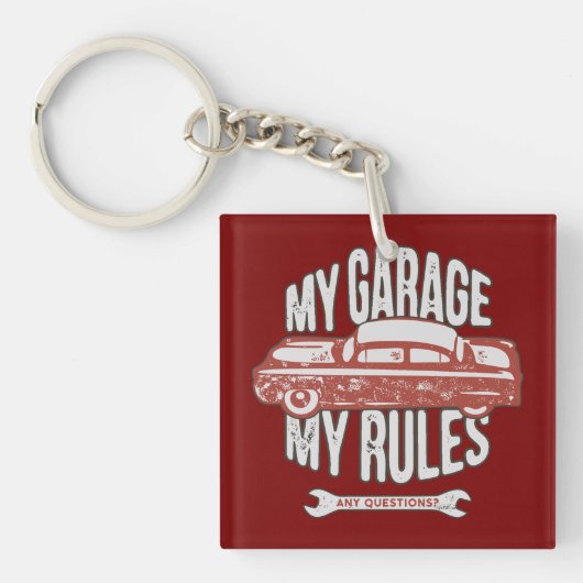 My Rules Classic Red Car Retro Mechanic Sleutelhanger (Voorkant)