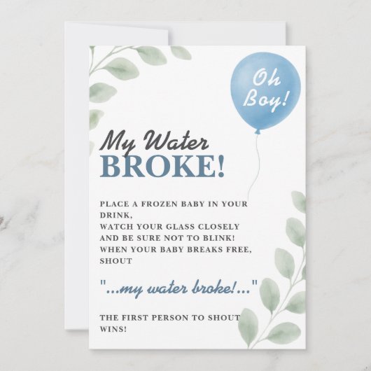 My Water Broke Baby Shower Game Balloon Eucalyptus Kaart (Voorkant)