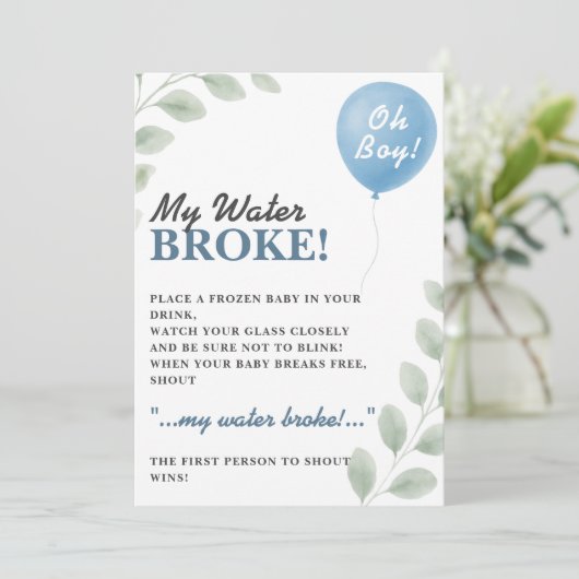 My Water Broke Baby Shower Game Balloon Eucalyptus Kaart (Staand voorkant)