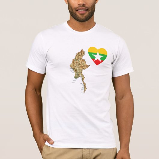 Myanmar Flag Heart en Map T-Shirt (Voorkant)