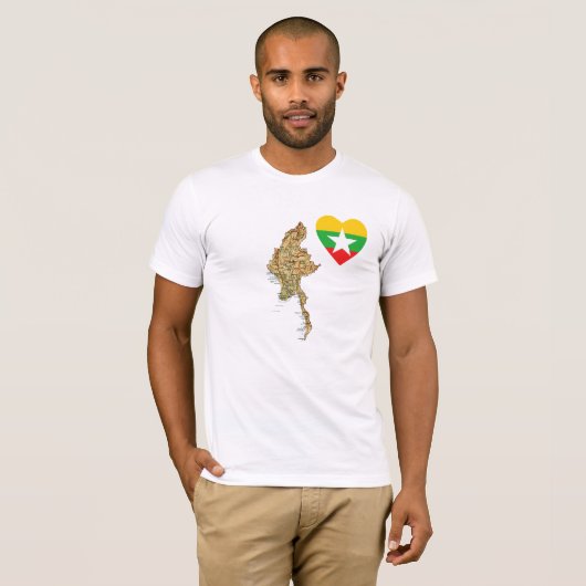 Myanmar Flag Heart en Map T-Shirt (Voorkant volledig)