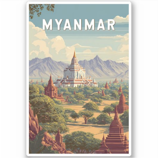 Myanmar Illustratie Reis Kunst Vintage Sticker (Voorkant)