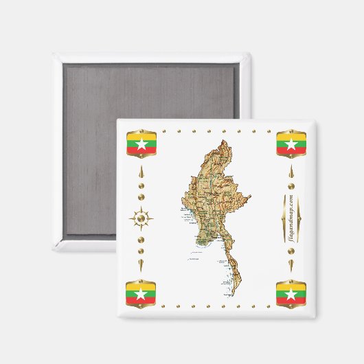 Myanmar Map + Flags Magnet (Voorkant / Achterkant)