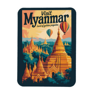 Myanmar Pagoda's Illustratie Reis Kunst Vintage Magneet