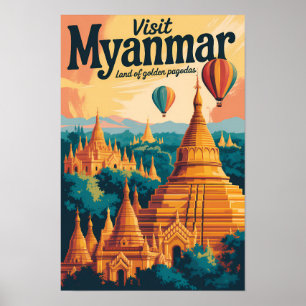 Myanmar Pagoda's Illustratie Reis Kunst Vintage Poster