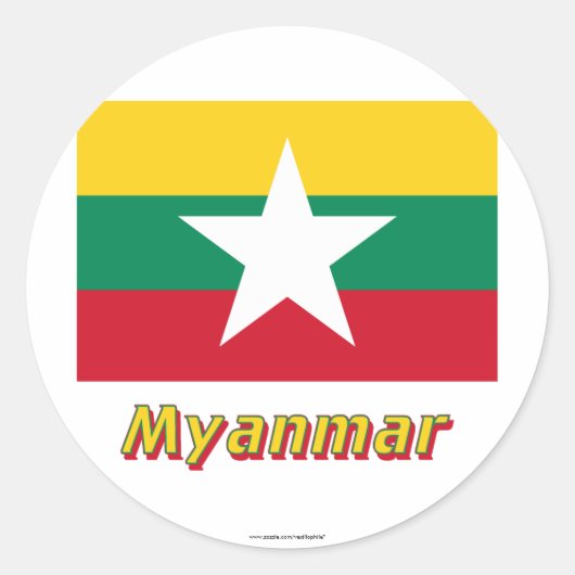 Myanmar vlag met naam ronde sticker (Voorkant)