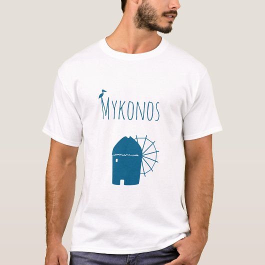 Mykonos, Greece: Iconic Windmill and pelican bird T-shirt (Voorkant)