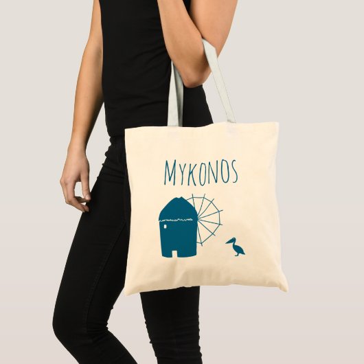 Mykonos, Greece: Iconic Windmill and pelican bird Tote Bag (Voorkant (product))