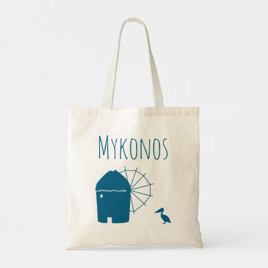 Mykonos, Greece: Iconic Windmill and pelican bird Tote Bag (Achterkant)