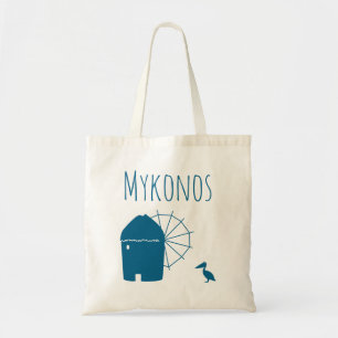 Mykonos, Greece: Iconic Windmill and pelican bird Tote Bag