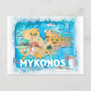 Mykonos Greece Illustrated Map met hoofdwegen Briefkaart