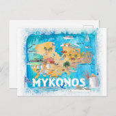 Mykonos Greece Illustrated Map met hoofdwegen Briefkaart (Voorkant / Achterkant)
