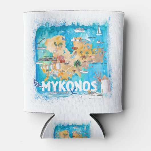 Mykonos Greece Illustrated Map met Landmarks Blikjeskoeler (Voorkant)