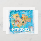 Mykonos Greece Illustrated Map met Landmarks Briefkaart (Voorkant / Achterkant)