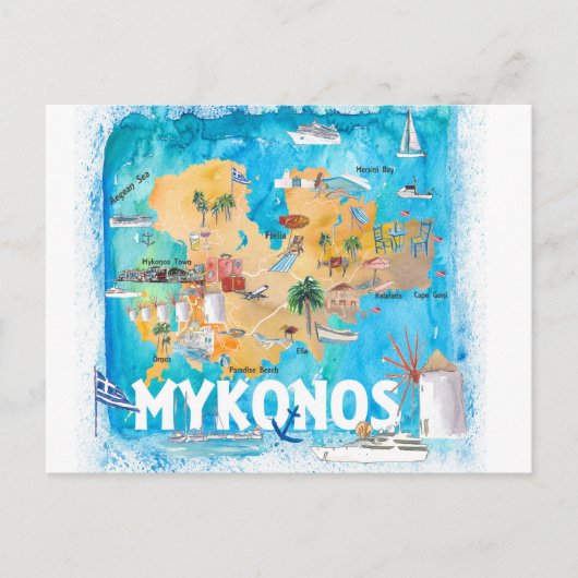 Mykonos Greece Illustrated Map met Landmarks Briefkaart (Voorkant)