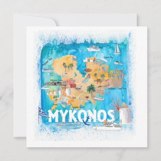 Mykonos Greece Illustrated Map met Landmarks Kaart (Voorkant)