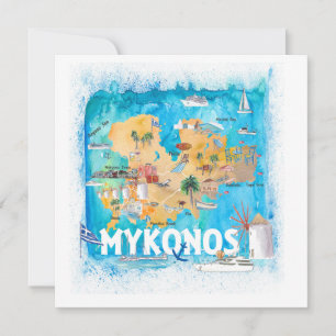 Mykonos Greece Illustrated Map met Landmarks Kaart