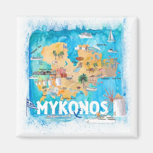 Mykonos Greece Illustrated Map met Landmarks Magneet (Voorkant)