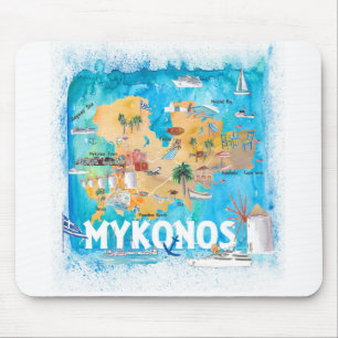 Mykonos Greece Illustrated Map met Landmarks Muismat