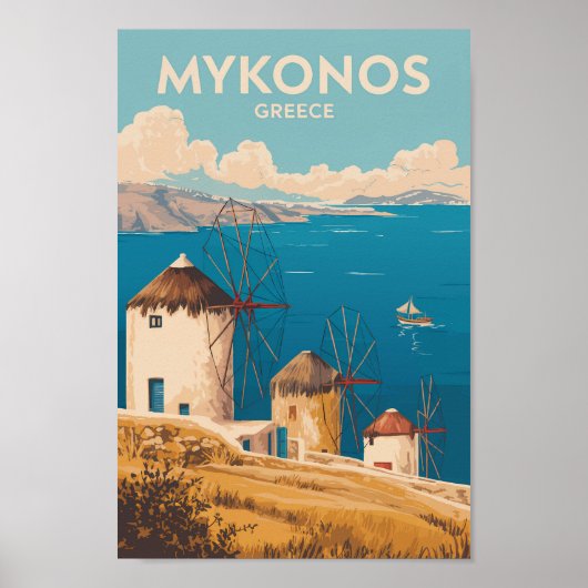 Mykonos Greece Illustration Travel Art Vintage Poster (Voorkant)