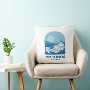 Mykonos Griekenland Blauw Minimalistisch Reis Kuns Kussen