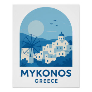 Mykonos Griekenland Blauw Minimalistisch Reis Kuns Perfect Poster