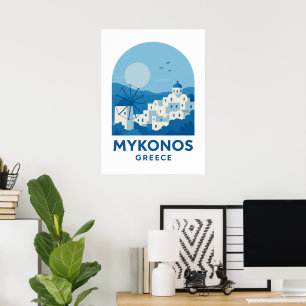 Mykonos Griekenland Blauw Minimalistisch Reis Kuns Poster