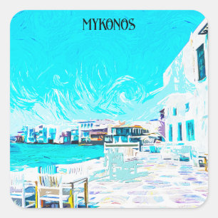 Mykonos Griekenland Egeïsche Zee Olieverf Illustra Vierkante Sticker
